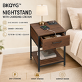 BKQYG™ Nightstand with Charging Station – Modern Bedside Table with Drawer, Open Shelf, 2 AC Outlets & 2 USB Ports