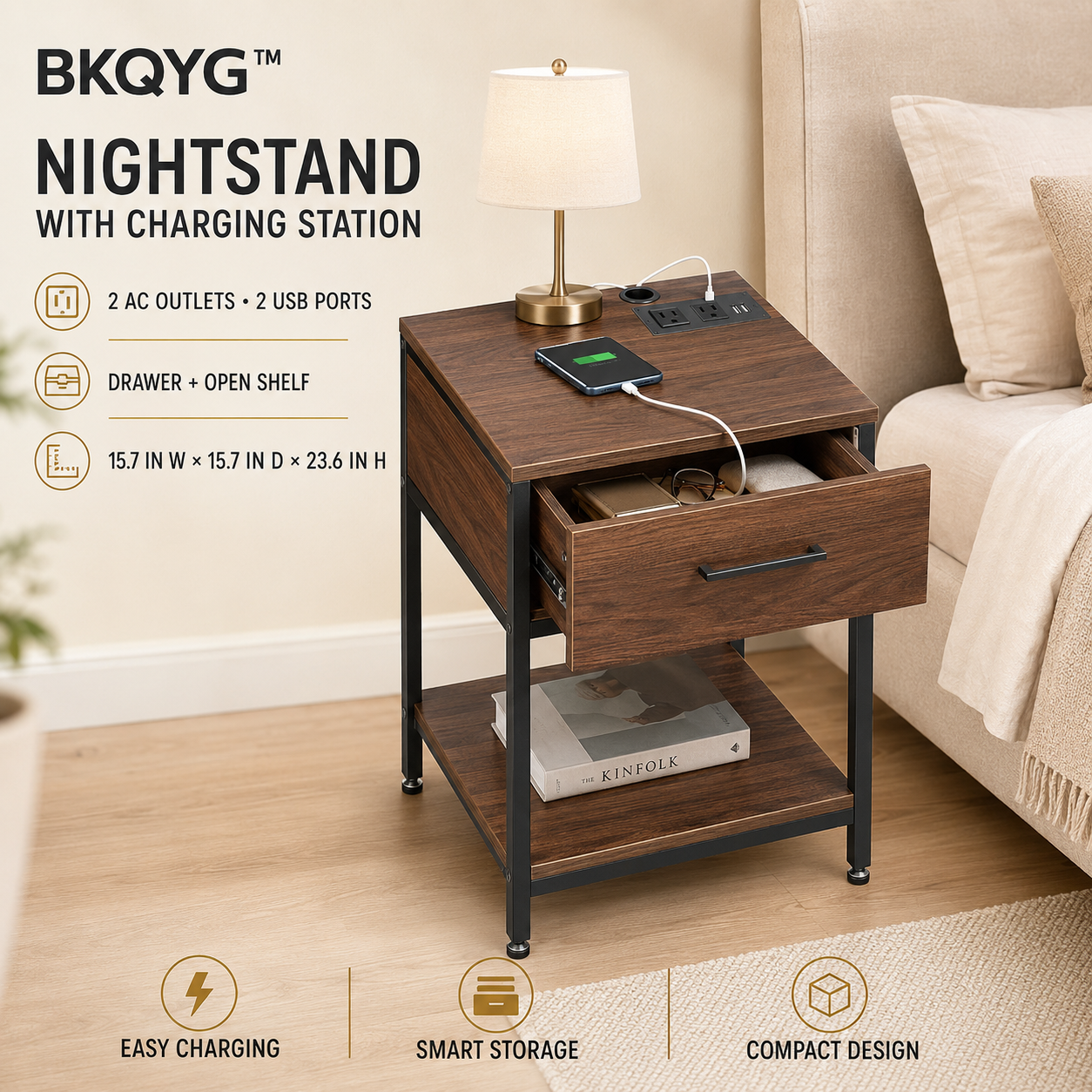 BKQYG™ Nightstand with Charging Station – Modern Bedside Table with Drawer, Open Shelf, 2 AC Outlets & 2 USB Ports