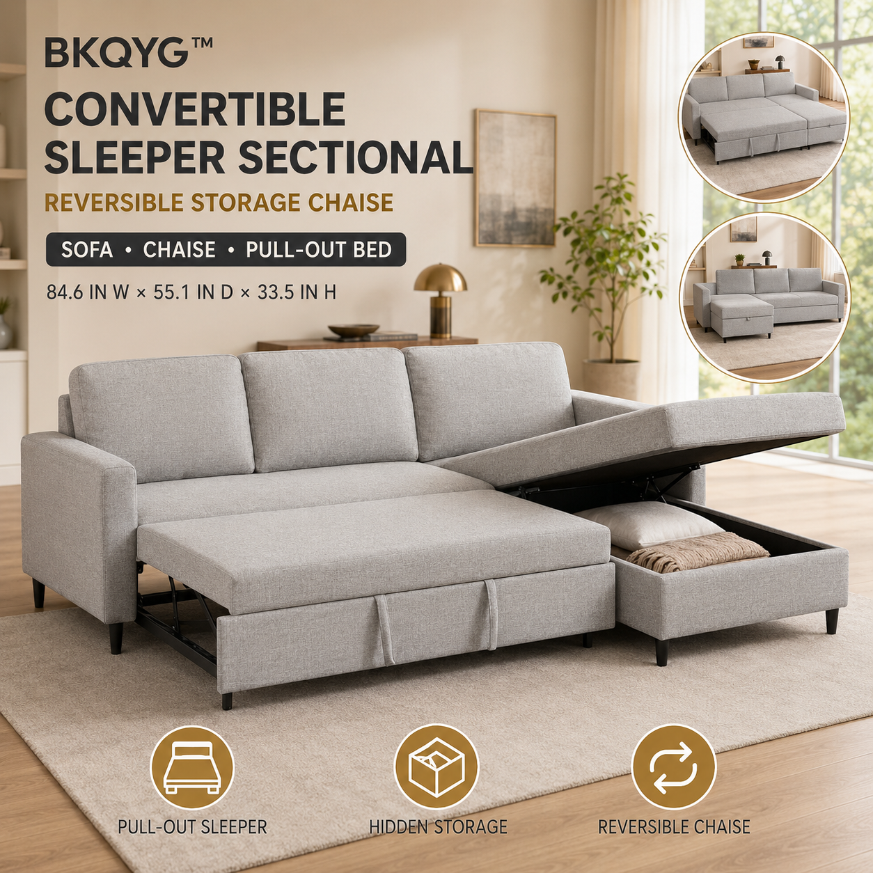 BKQYG™ Convertible Sleeper Sectional Sofa with Reversible Storage Chaise – Pull-Out Sofa Bed for Living Rooms, Apartments & Guest Rooms
