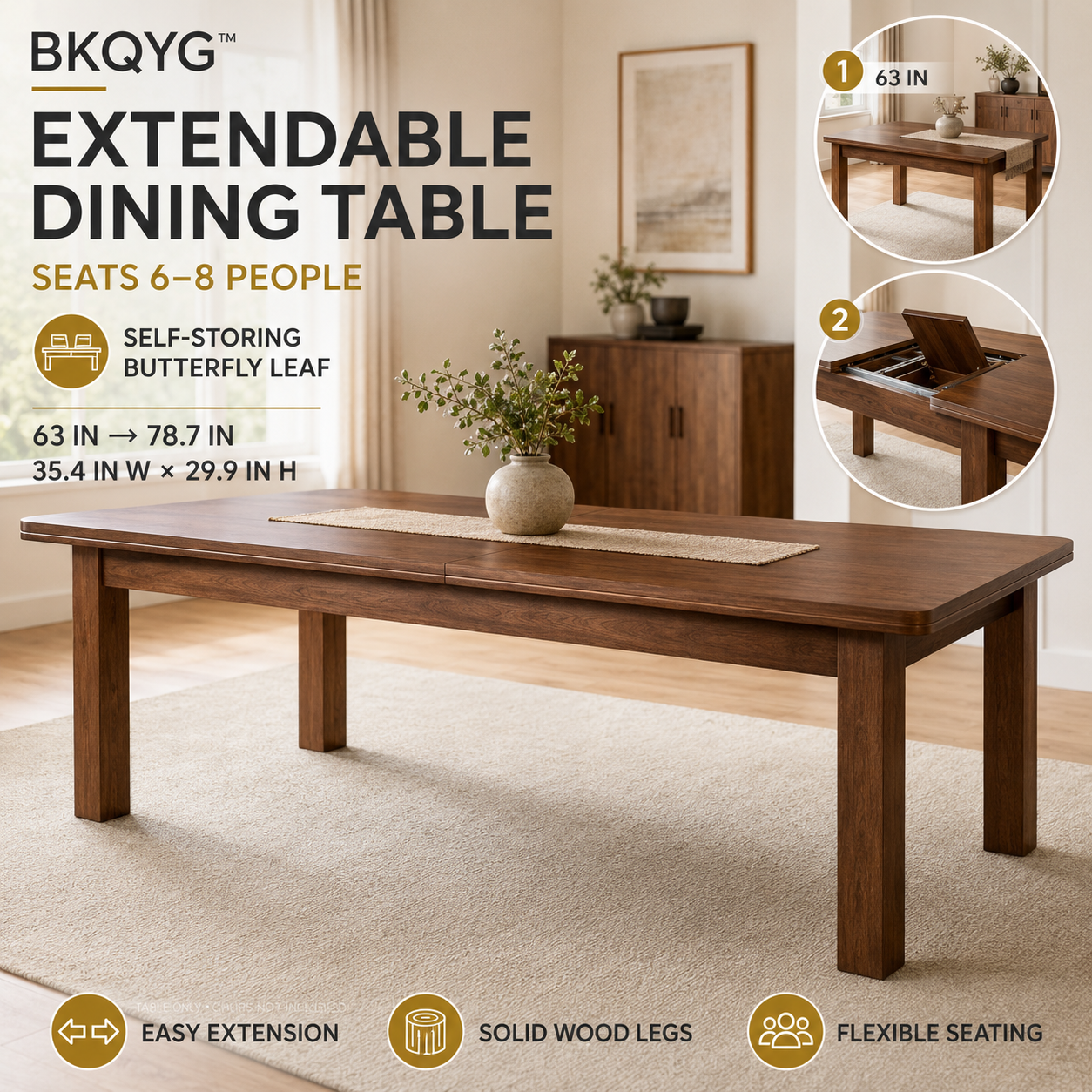 BKQYG™ Extendable Dining Table for 6–8 People – Modern Rectangular Kitchen Table with Self-Storing Butterfly Leaf and Solid Wood Legs
