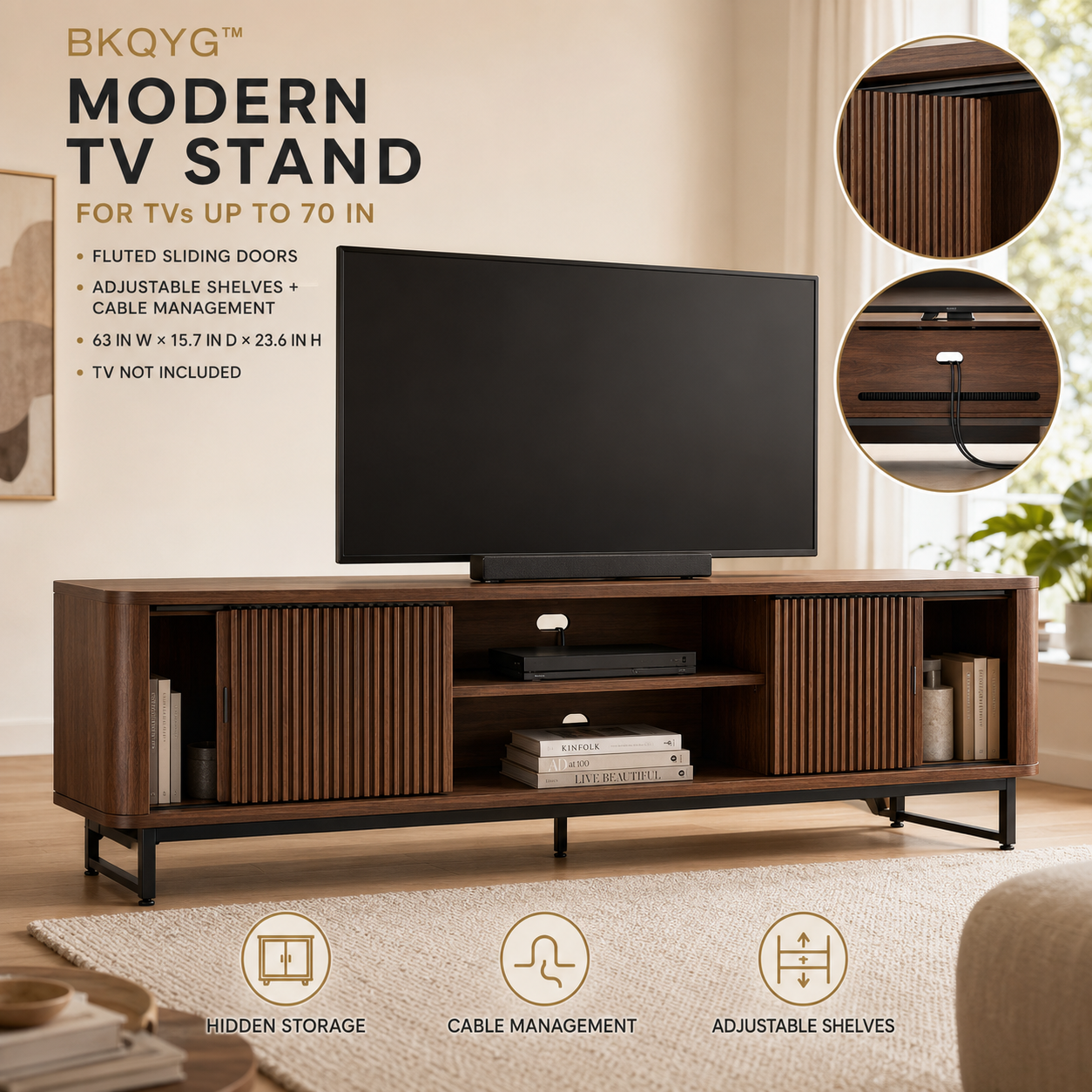 BKQYG™ Modern TV Stand for TVs up to 70 Inches – Fluted Media Console with Sliding Doors, Adjustable Shelves & Cable Management