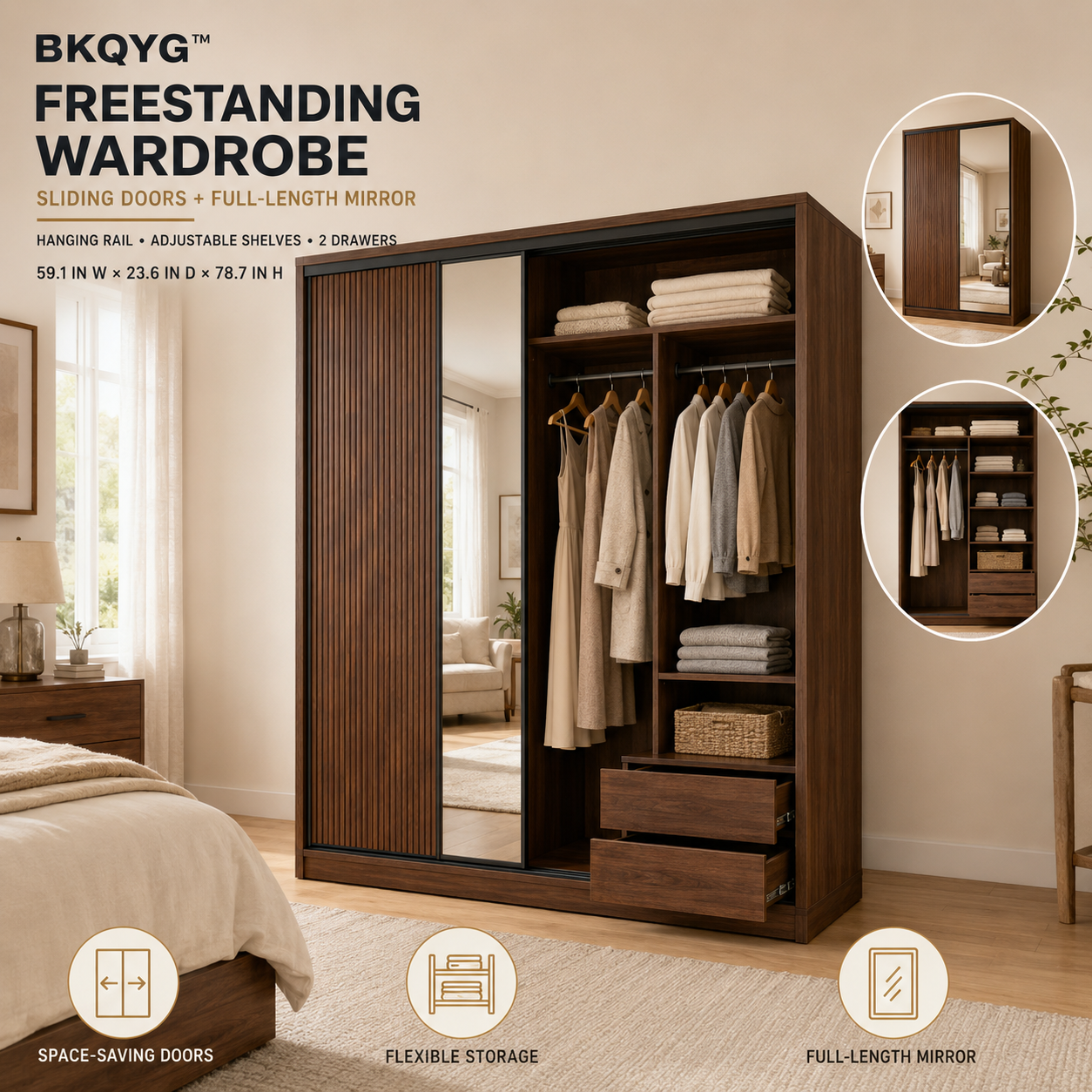 BKQYG™ Freestanding Wardrobe with Sliding Doors & Full-Length Mirror – Modern Bedroom Armoire with Hanging Rail, Adjustable Shelves and 2 Drawers