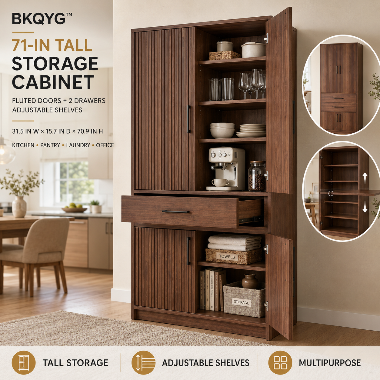 BKQYG™ 71-Inch Tall Storage Cabinet with Fluted Doors & 2 Drawers – Freestanding Multipurpose Organizer with Adjustable Shelves
