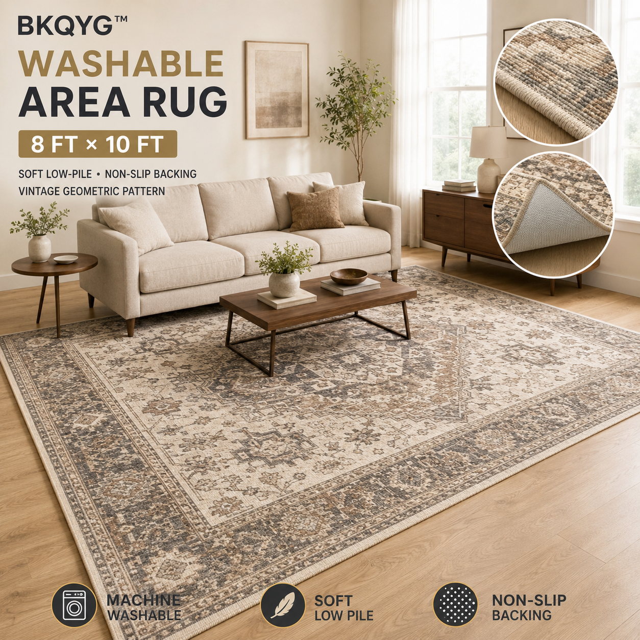 BKQYG™ Washable Area Rug 8' × 10' – Soft Low-Pile Non-Slip Living Room Rug with Vintage Geometric Pattern