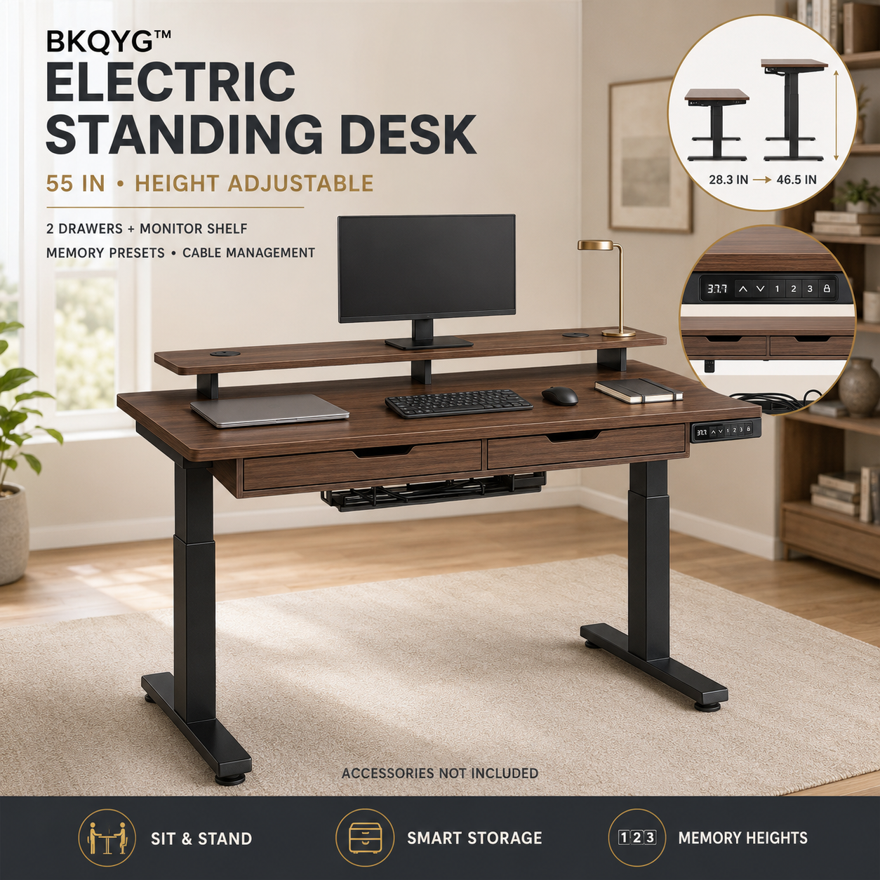 BKQYG™ 55-Inch Electric Standing Desk with 2 Drawers & Monitor Shelf – Height-Adjustable Home Office Desk with Memory Presets